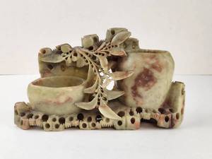 lot 97 image: Vintage Carved Stone Double Vase with Floral Design