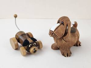 lot 121 image: Vintage Lot of 2 Dog Figures Wheeled Dog with Spring Tail and Brown Textured Dog