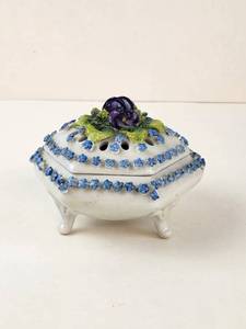 lot 126 image: Hexagonal Covered Dish with Pierced Lid, Applied Blue Flowers, Germany Mark&nbsp