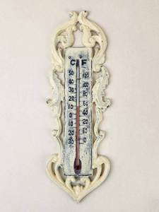 lot 133 image: Vintage Ornate Metal Wall Thermometer Cream Scrollwork
