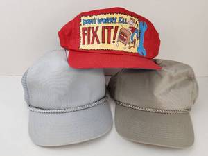 lot 167 image: Lot of 3 Vintage Baseball-Style Caps Red Fix It Graphic Gray Mesh Tan