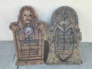 lot 300 image: Halloween Tombstone Decor Lot of 2 Vlad Dracula and Frank McGovern Yard Stones 36 Tall