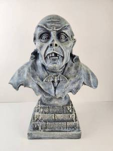 lot 307 image: Vintage Gothic Vampire Head Bust Sculpture with Bat Detail on Brick-Pattern Base 16