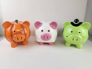 lot 308 image: Lot of 3 Piggy Banks Pumpkin Pig Ghost Pig Witch Pig