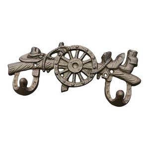 lot 195 image: Wall Mount 2-Hook Rack with Wagon Wheel, Cowboy Hat and Boot Design