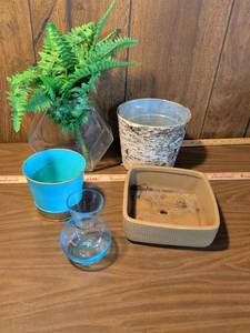lot 10 image: Plant Pot Lot 5 Piece Clear Glass Ceramic Birch Planter Set