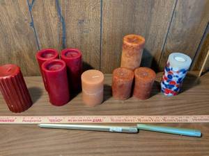 lot 13 image: Assorted Pillar Candles Lot 9 Pieces Red Orange Cream