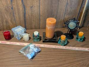 lot 14 image: Candle Lot 9 Pieces Mixed Styles Orange Cream Red Glass Holders