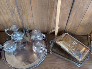 lot 23 image: Metal Tea Service Set with Tray 5 Piece Teapot Sugar Creamer Cups