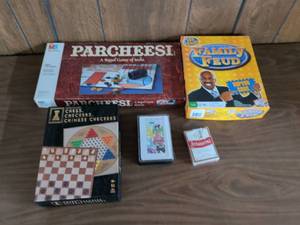 lot 28 image: Board Games Lot Parcheesi, Family Feud, Chess Checkers Chinese Checkers, Playing Cards