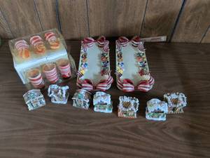 lot 34 image: Christmas Lot 7 Gingerbread House Hinged Trinket Boxes, 2 Trays, 2 Candy can shot glass sets