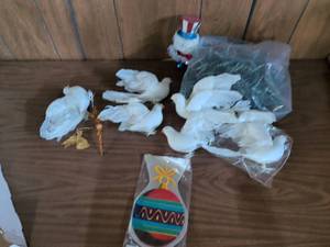 lot 38 image: Lot of White Feather Dove Ornaments, Light String, Uncle Sam and Holiday Ornaments