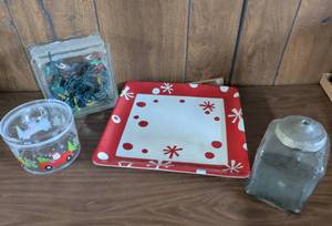 Holiday Lot: Square Red and White Platter, Lidded Container, Glass Jar, Glass Block