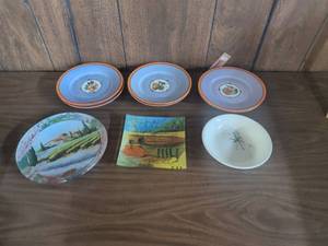 lot 64 image: Lot of 6 Fruit Medallion Plates, Florence Square Plate, Landscape Plate, Bowl