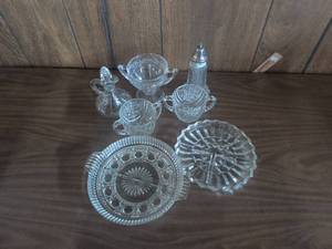 lot 67 image: Clear Glass Tableware Lot Cruet Shaker Handled Dishes Divided Dish