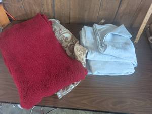 lot 71 image: Lot of Assorted Blankets and Patterned Fabric Items, Red, Light Blue, Tan
