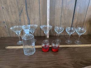 lot 77 image: Wine glasses and margarita glasses with Decanter and Stemmed Glasses