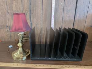 lot 92 image: Desk Lamp with Swing Arm and Black Metal Desktop File Sorter Organizer Lot