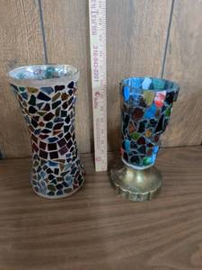 lot 128 image: Set of 2 Mosaic Glass Tile Vases, Hourglass Shape and Footed Gold-Tone Base