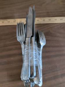 lot 143 image: Mixed Flatware Lot Forks Knives Spoons Bundled in Plastic Wrap