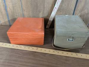 lot 151 image: Lot of 2 Lidded Boxes Orange Textured Box and Olive Box with Serial Plate and Strap