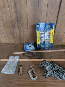 lot 158 image: Assorted Hardware Lot KwikTwist Twist Ties, M-D Foam Seal, Axe Head, C-Clamp, Chain