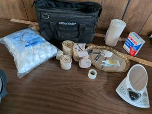 lot 169 image: Essentials Black Bag with Band-Aid Tin, Elastic Bandages, Cotton Balls, Neosporin
