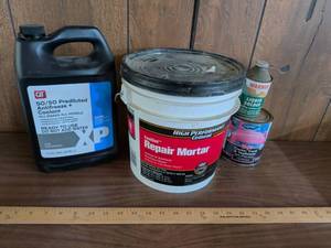 lot 173 image: Lot of 4 QT 5050 Antifreeze 1 Gal, FastSet Repair Mortar, Warner Liquid Solder, Majic Enamel