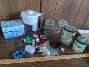 lot 176 image: Kitchen Lot Brita Pitcher, Great Value 6 Pitcher Filters, Jars, Tins, Cutters