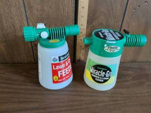 lot 202 image: ferti-lome and Miracle-Gro Lawn & Garden Feeder Lot of 2 Hose End