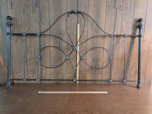 lot 215 image: Metal Bed Headboard with Scrollwork Panel and Ball Finials Dark Finish