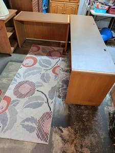 lot 224 image: 2-Piece L-Shaped Desk Set with Wood-Tone Frame and Laminate-Style Tops