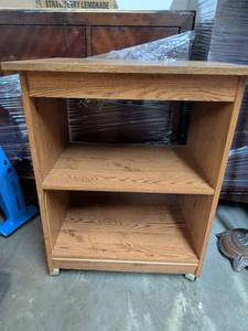 lot 231 image: Wood-Grain Finish Rolling Cabinet Stand with Two Open Shelves on Casters