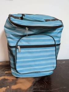 lot 238 image: Blue Striped Rolling Soft-Sided cooler Bag with Telescoping Handle and small matching Carry bag.