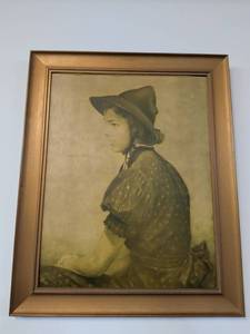 lot 252 image: Framed Portrait Print of Woman in Profile Wearing Hat, Copyright Mark and Signature