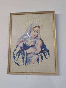 lot 255 image: Framed Cross Stitch Madonna and Child Embroidery
