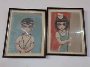 lot 256 image: Pair of Framed Portrait Artworks, Child with Head Mirror and Child with Nurse Cap
