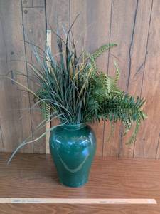 lot 286 image: Green Glazed Vase with Grass and Fern Floral Arrangement