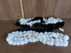 lot 297 image: Lot of 4 Fur-Style Scarves, White Pom-Pom, Black and Dark Brown, Retail Tags