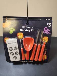 lot 17 image: Ultimate Carving Kit Pumpkin Carving Tools 6 Piece 5 Stencils (3PK) - Retail $0