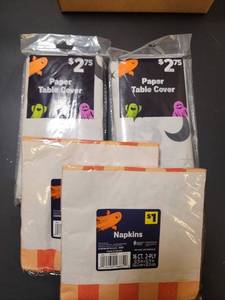 lot 18 image: Paper Table Cover 54inX84in Bats and MoonsOrange and White Napkins 16ct 2-PLY (Set of 2) - Retail $7