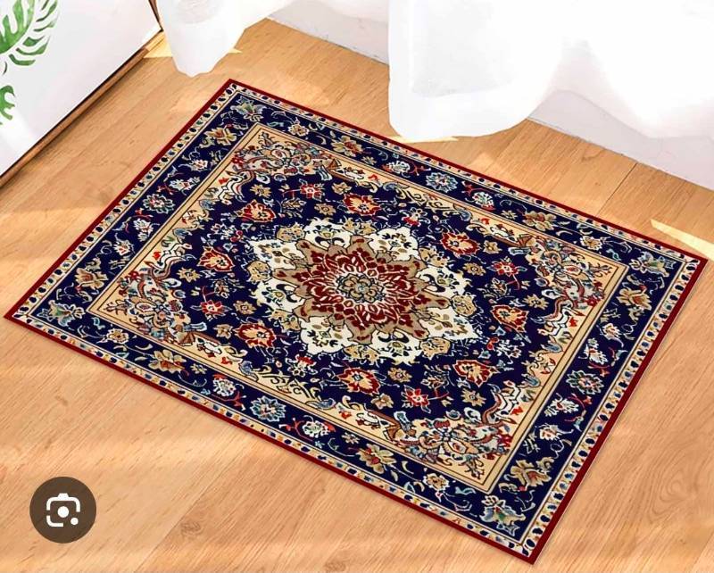 lot 21099 image: Oriental-Style kitchen mat with Navy and Coral Border Pattern - Retail $25