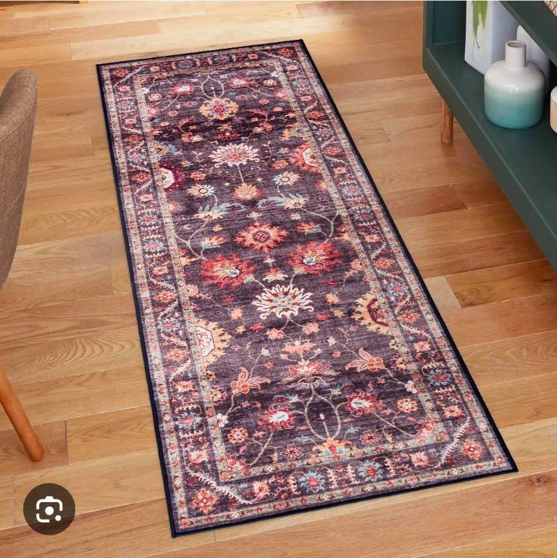 lot 21101 image: Floral Patterned Area Rug Runner Dark Navy Red Gold set - Retail $75