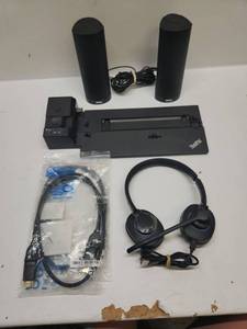 lot 37 image: Lenovo ThinkPad Docking Station with Dell Speakers and Headset