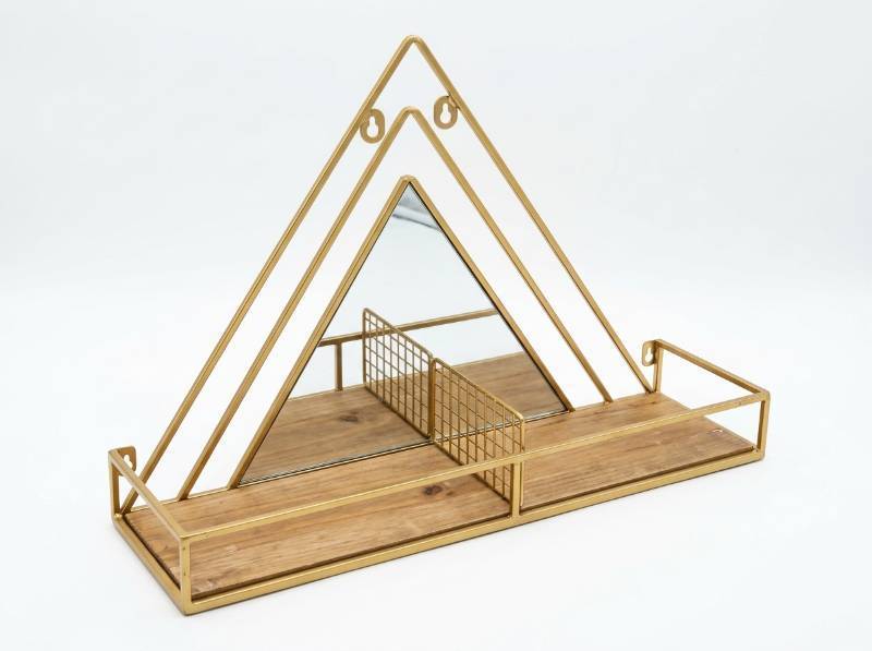 lot 3868 image: Gold Tone Triangular Mirror Tray Floating Shelves - 2 Pc