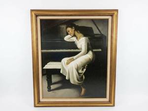 lot 8206 image: Framed Oil-Style Canvas Painting of Woman in White Dress at Piano, Signed Park