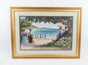 lot 8207 image: Framed Matted Print Signed Carty, Beach Scene Gold Wood Frame, Home Interiors