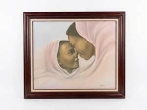 lot 8208 image: Framed Original-Style Painting of Adult and Child in Pink Wraps, Signed
