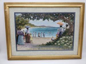 lot 8209 image: Framed Matted Print of Beachside Gathering Signed Carty in Gold Tone Frame