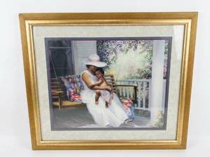 lot 8210 image: Framed Matted Print of Woman and Child on Porch Swing, Gold Tone Frame